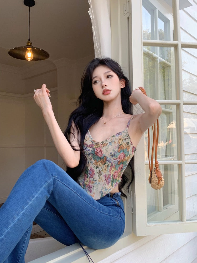 Sweet babes floral camisole female summer pure desire French sexy sleeveless inner strapless short top outerwear