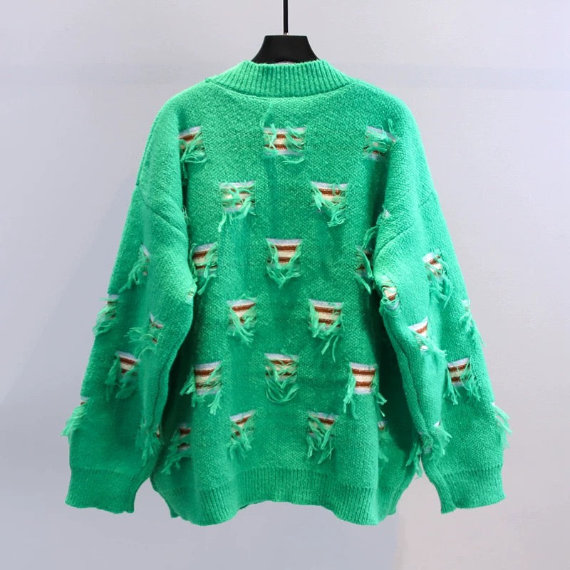 Tassel design sense early autumn sweater coat women's 2022 new Korean version loose and lazy style V-neck knitted cardigan