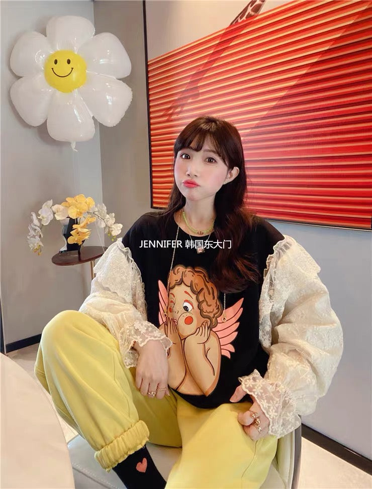 JENNIFER JXLIU Korean winter cute little angel cartoon print pattern lace edge lotus leaf sleeves