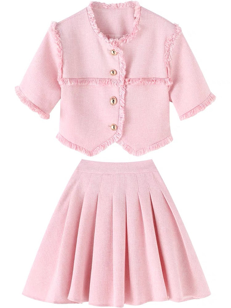 Celebrity temperament women's suit 2022 new summer dress western style bomb street pink top short skirt sweet and spicy two-piece skirt