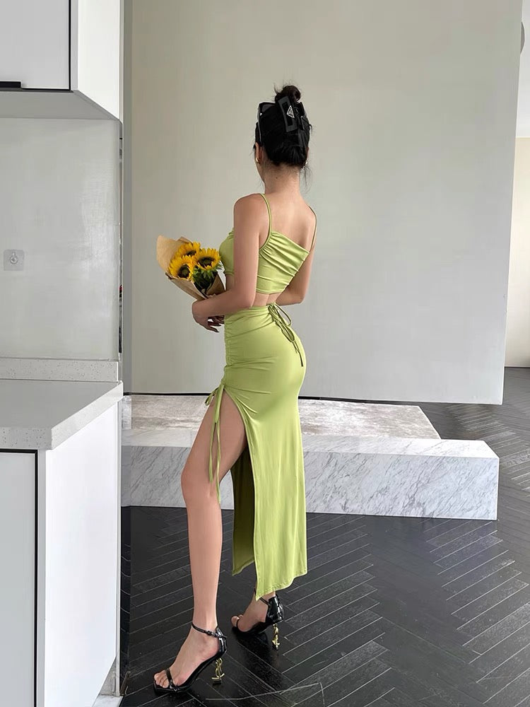 Jingye Sexy Hollow Sling Dress Female Summer Slim Small Design Sense Side Split Drawstring Hip Long Skirt