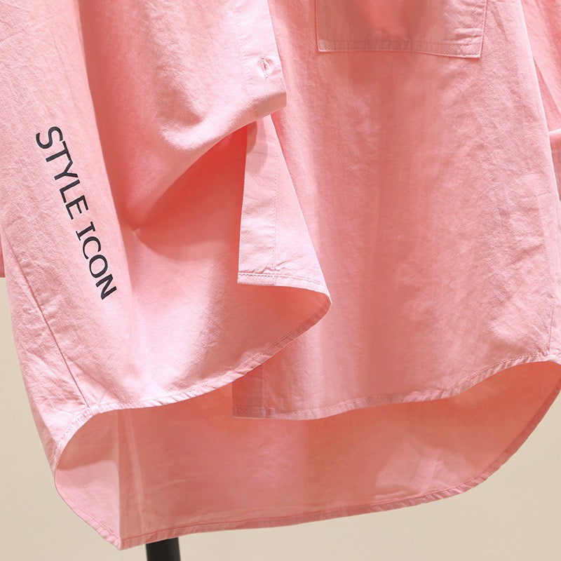 Pink mid-length cotton shirt women 2023 spring new Korean version Korean design sense shirt chic top coat