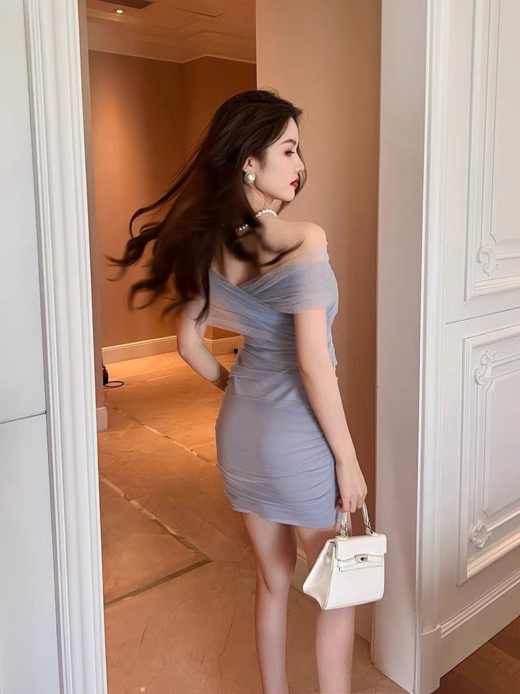 European station summer temperament sexy sweet and spicy chic one-shoulder mesh bag hip skirt slim slim dress female