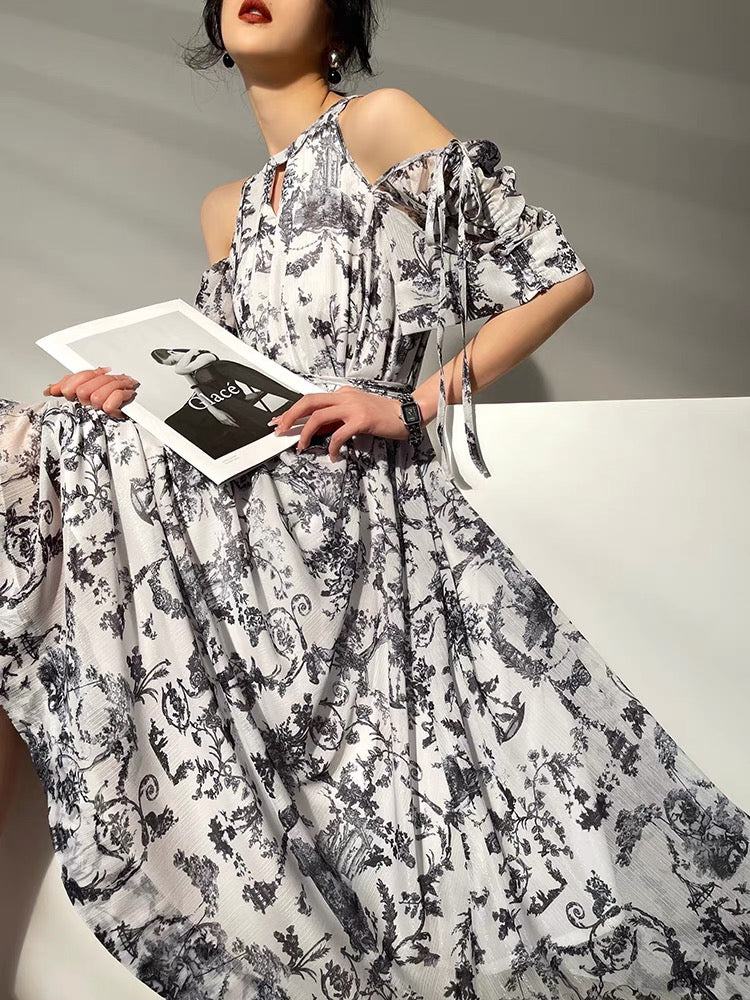 Aconiconi| Anne's Love Letter French Art Print High Design Halter Neck Off Shoulder Long Dress