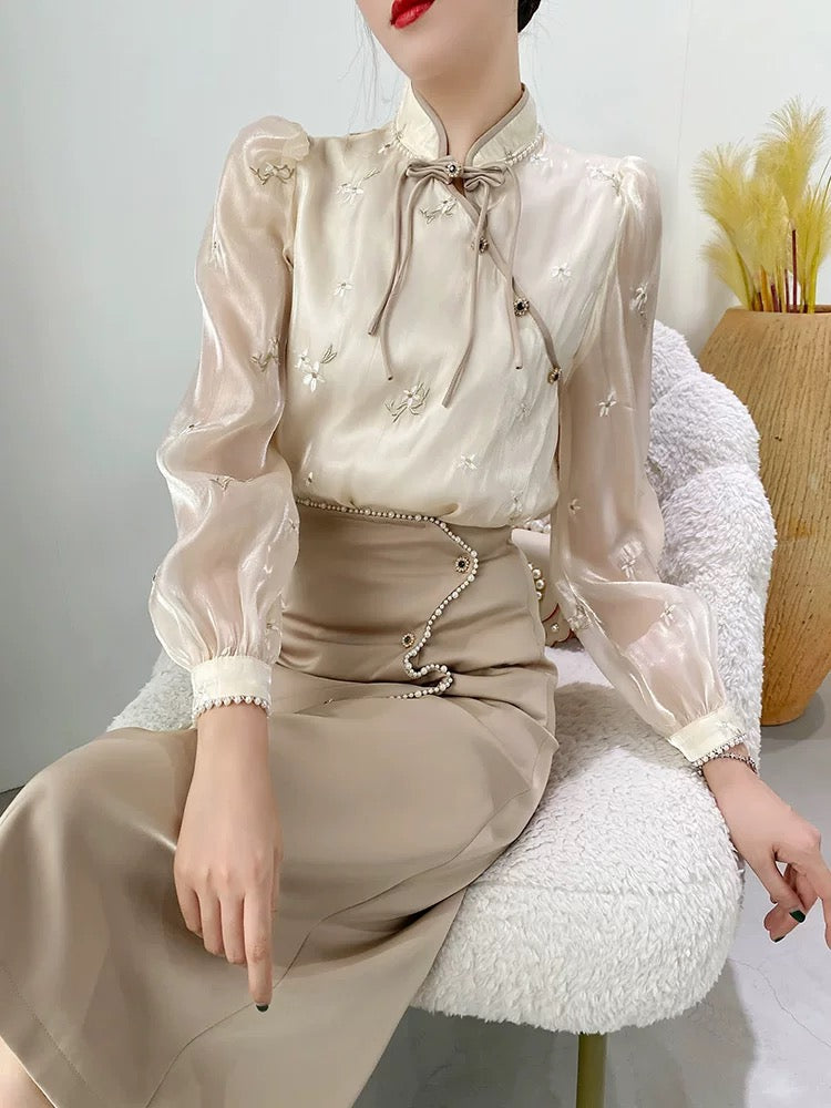Early autumn new high-definition light luxury women's clothing ladies temperament national style chic top small dress two-piece suit skirt autumn 1795