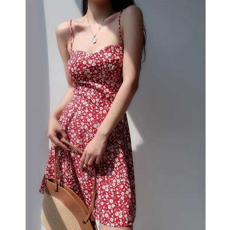 French retro girl V-neck red floral suspender skirt slim fit and slim waist bandage short skirt holiday dress