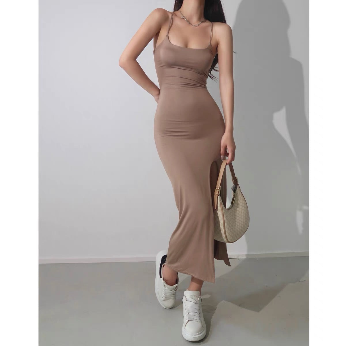 European and American sexy slim and thin shoulder straps high slit elastic tight-fitting long over-the-knee bag hip sling dress women