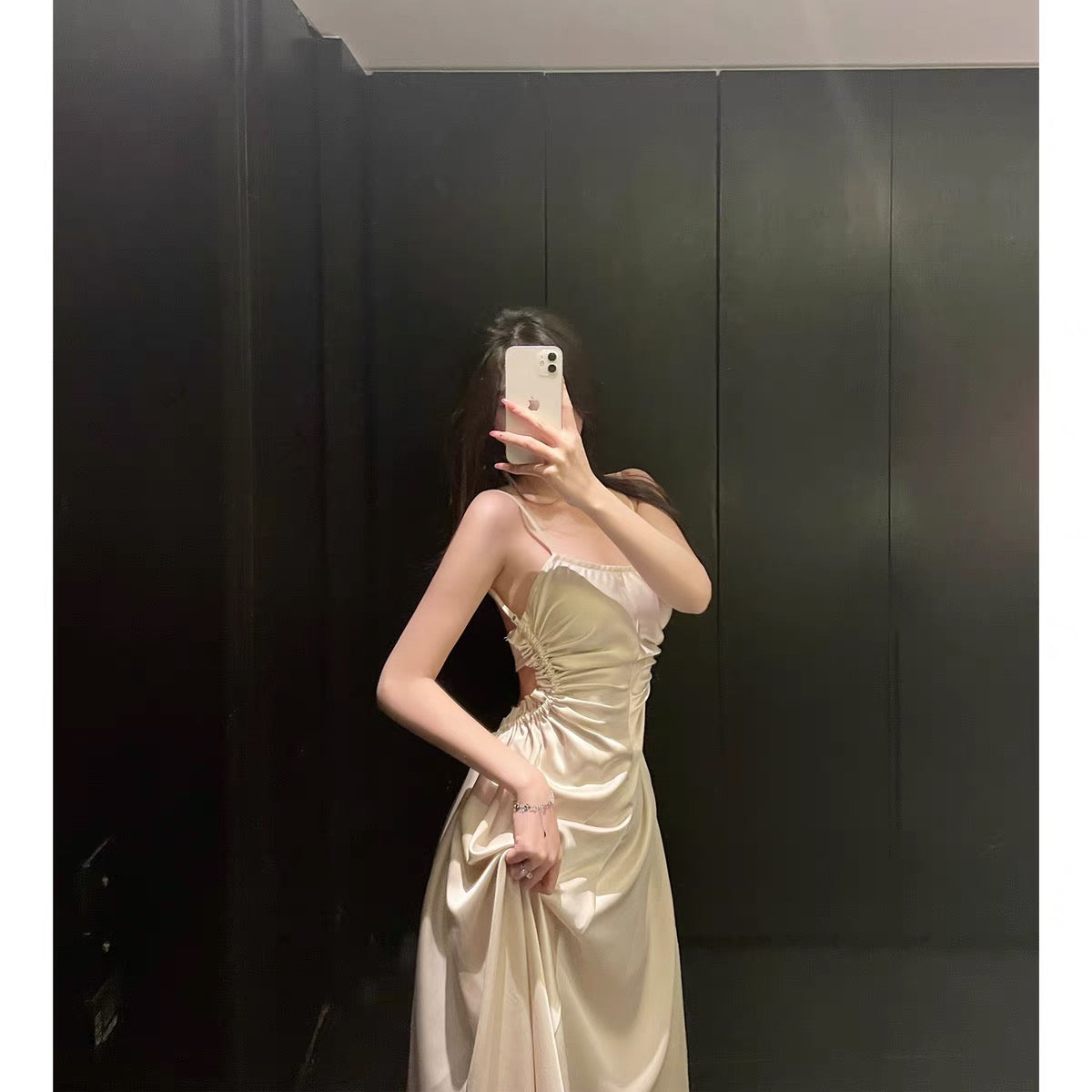 For Fay French Backless U-Neck Dress Women's Summer Gentle Large Swing Design Long Waist Sling Dress