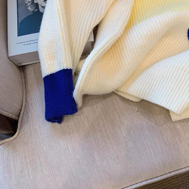 Contrasting color pattern sweater women's early autumn 2022 new design niche loose and lazy wind pullover sweater for outer wear