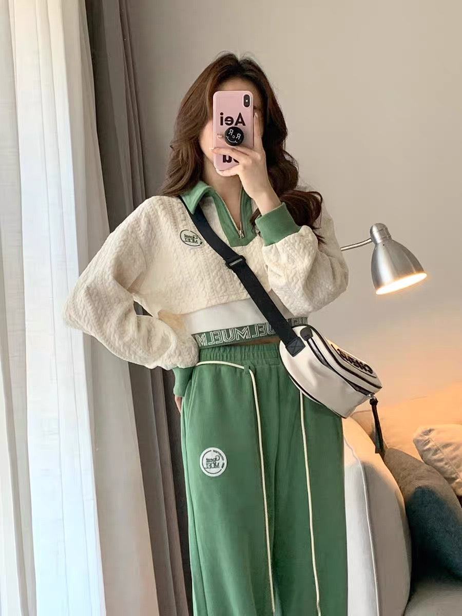 MUEL Casual sweater suit female autumn 2022 new small fashion sports wide leg pants three-piece set 1714
