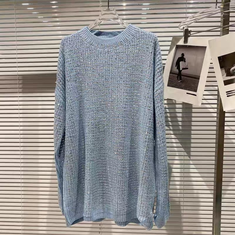 Net red same style 2022 autumn new heavy industry full body square rhinestone hot drill round neck ladies loose knitted sweater