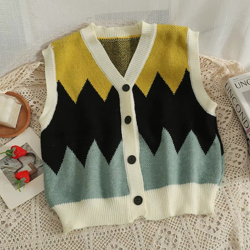 Korean version color matching short single-breasted cardigan V-neck vest women's 2022 new outer wear thin sleeveless knitted vest