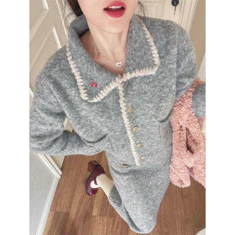 Sweet and spicy temperament knitted suit women's autumn and winter short sweater coat small slim body bag hip skirt two-piece set