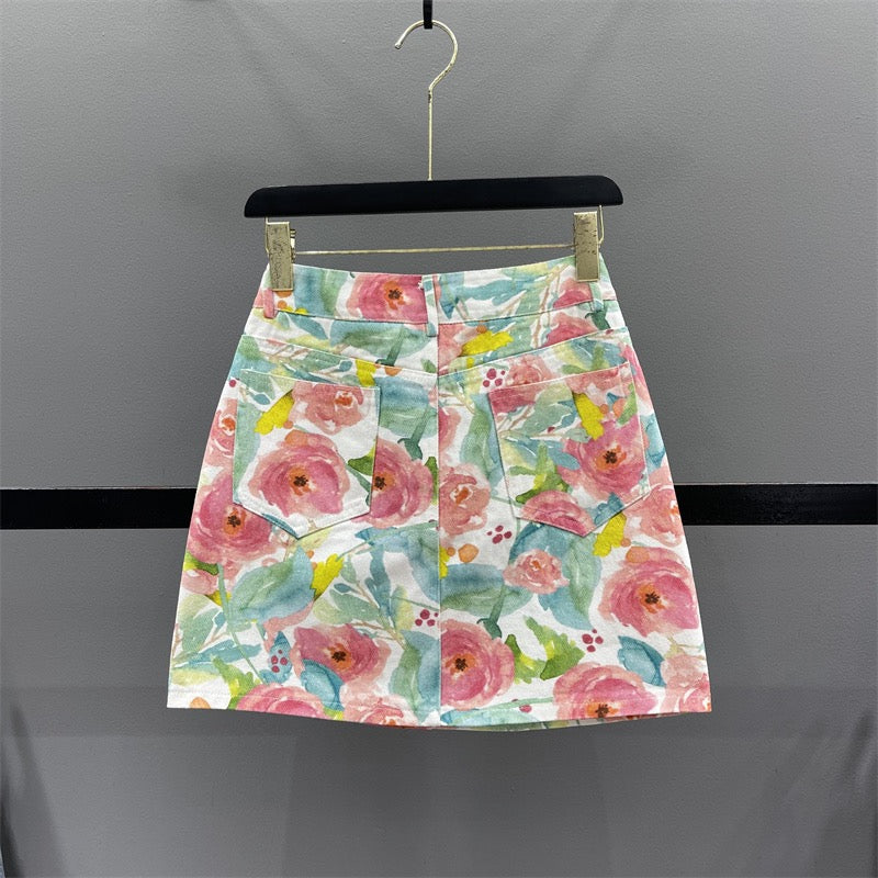 Age-reducing flower print denim skirt women 2023 summer new high waist slimming A-line casual bag hip skirt