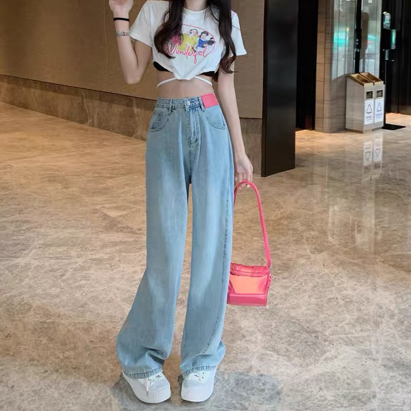 The niche is thin and sweet and spicy style suit design sense pleated long-sleeved top women's summer wide-leg pants jeans two-piece set 282