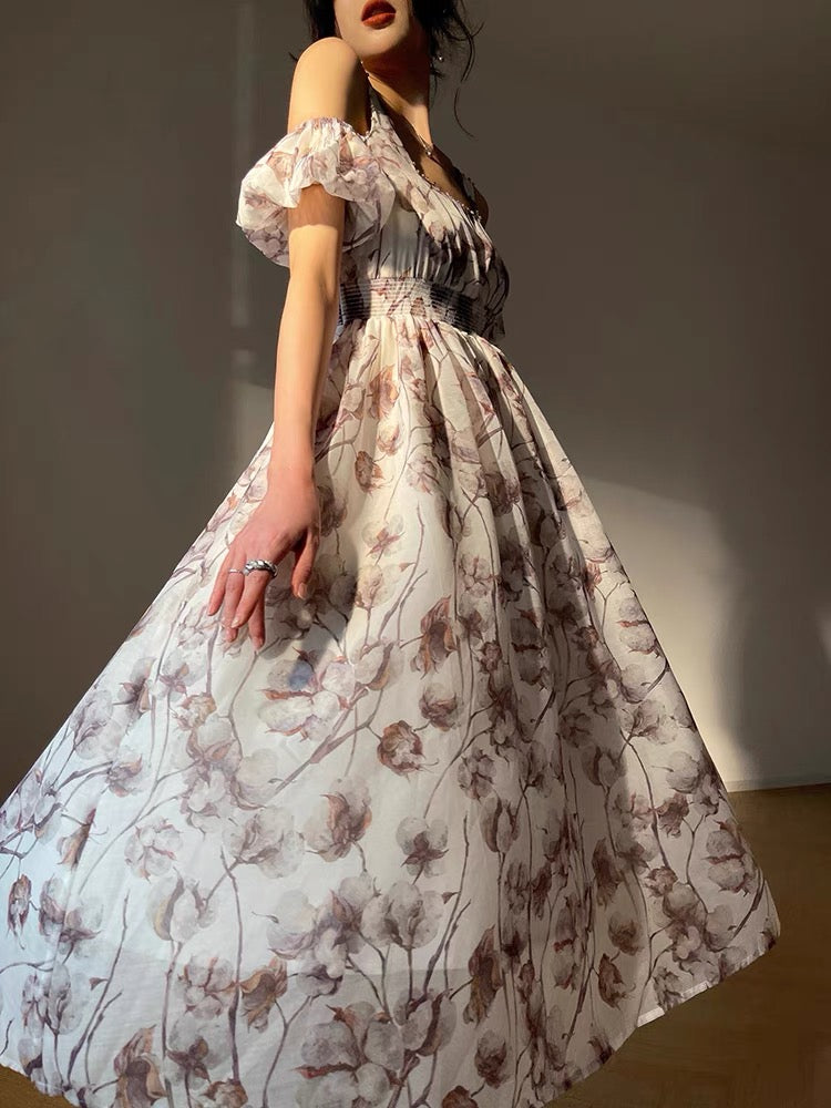 Aconiconi|Kapok Poetry French tea break niche design hand-beaded off-the-shoulder flower bud sleeve dress
