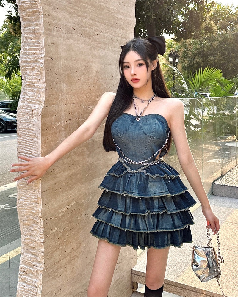 Hot girl tube top denim dress female summer sexy waistless thin skirt small high-end sense cake skirt