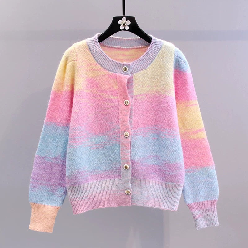 Japanese gradient rainbow striped sweater jacket women's autumn and winter 2022 new loose outer wear foreign style knitted cardigan