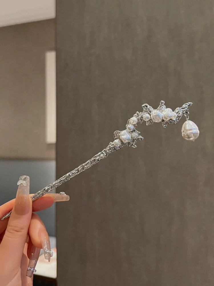 New Chinese style metal pleated pearl hairpin