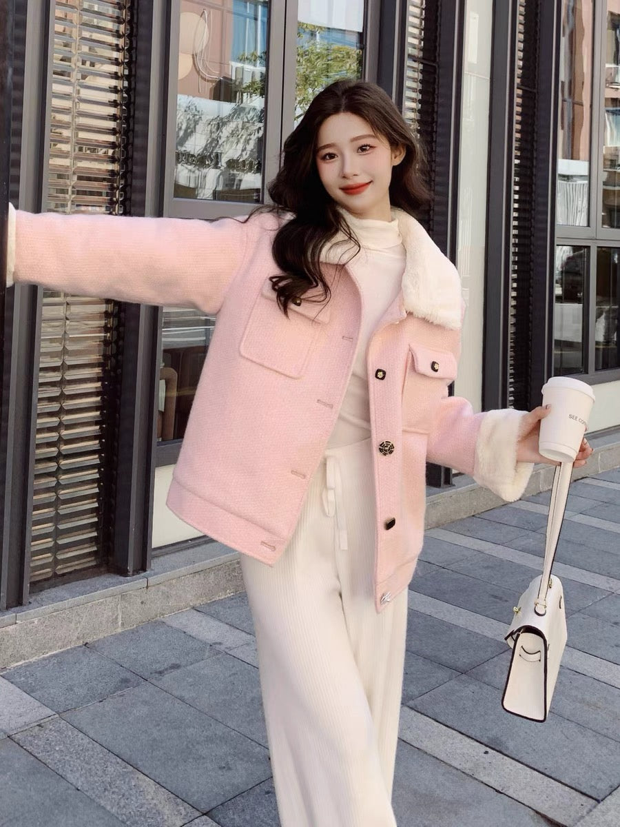 Pink Lapel Wool Coat Women's Winter Thickened Short Small Man 2022 New High-quality Korean Wool Coat