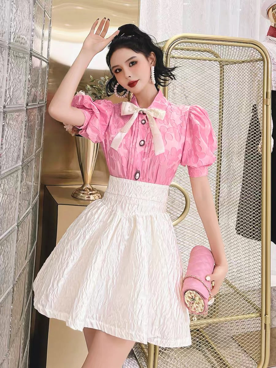 (Pre-Order) Pink bow girly shirt female puff sleeves super fairy sweet Korean top chic and beautiful small shirt