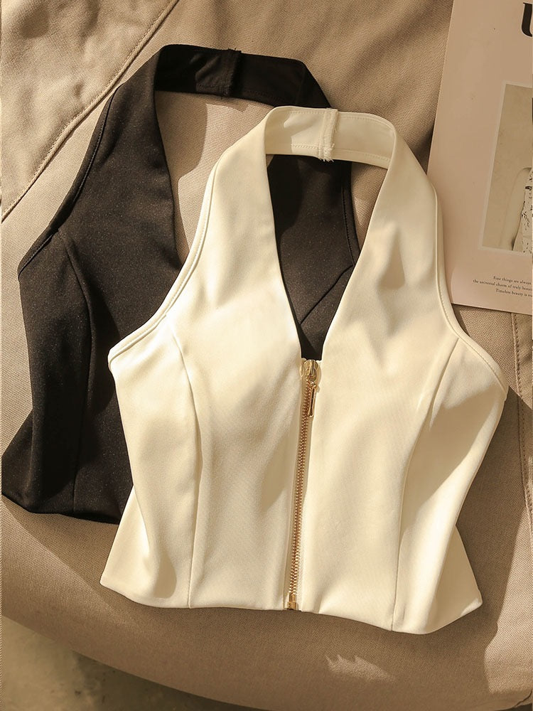 French style sexy halter neck camisole women's inner wear beautiful back short section navel design sense bottoming sleeveless top outerwear
