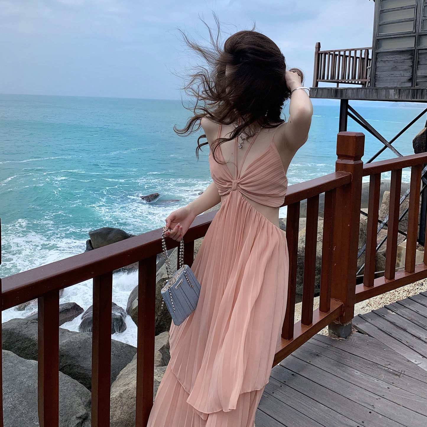 Sexy Pure Desire Wind Irregular Waist Showing Thin Suspender Dress Female Sanya Seaside Vacation Photo Dress Long Skirt