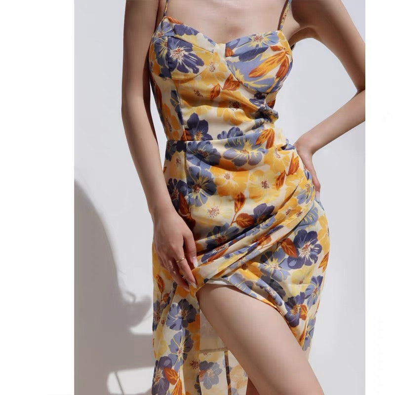 French retro elegant slim lace-up dress sexy side slit waist slim sling long skirt tea break skirt