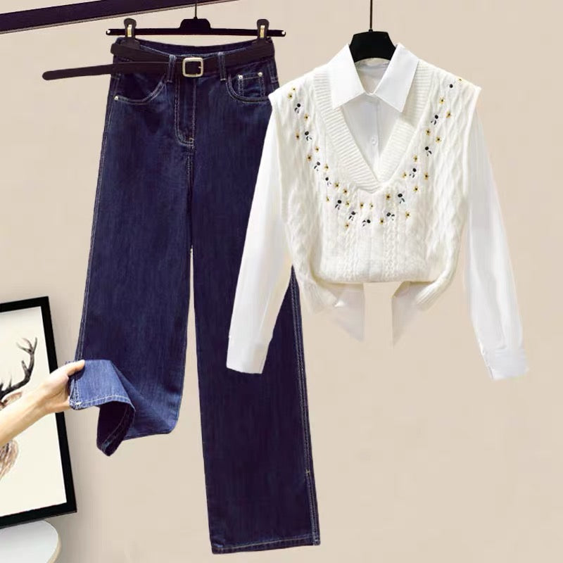 Spring French high-end shirt vest pants wide-leg pants jeans suit 2022 new women's three-piece suit 1811