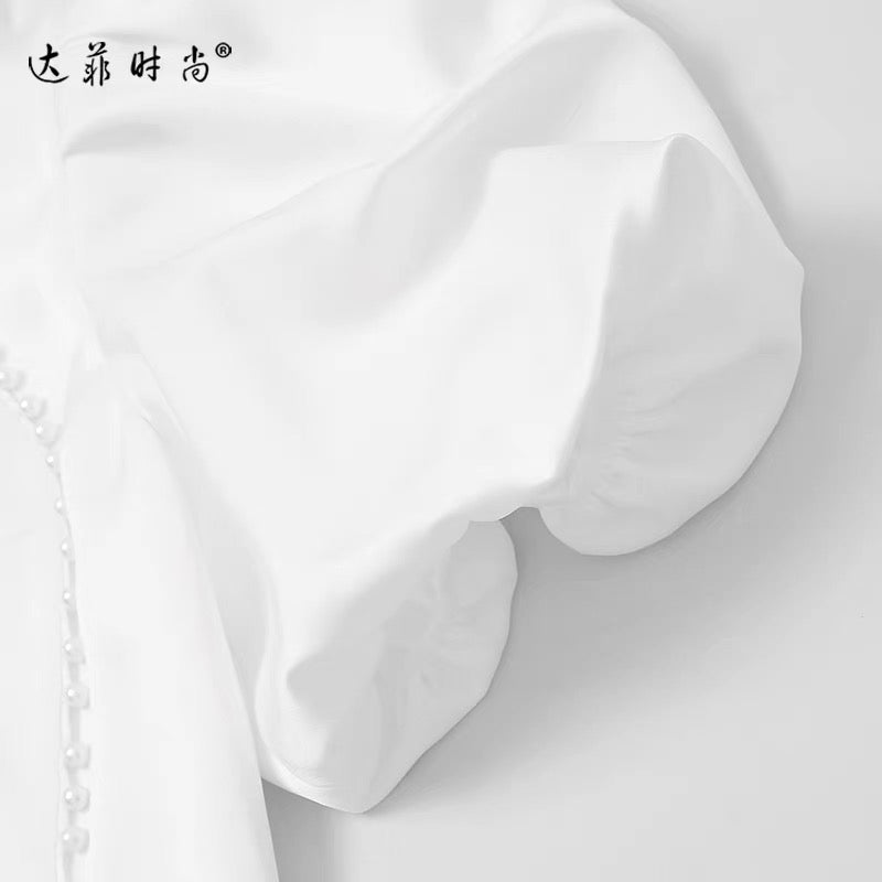 Summer women's clothing 2022 new temperament white lantern sleeves waist slim satin cheongsam dress short skirt skirt