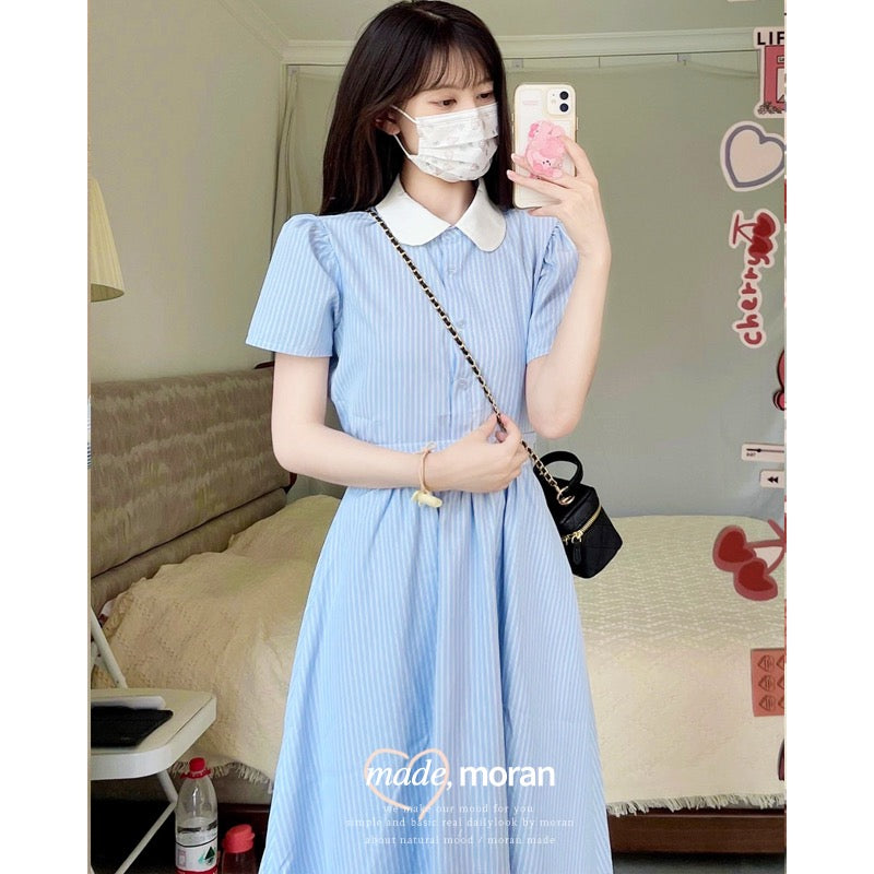 Korean sweet baby doll collar striped shirt suit summer age-reducing blue skirt two-piece set small man