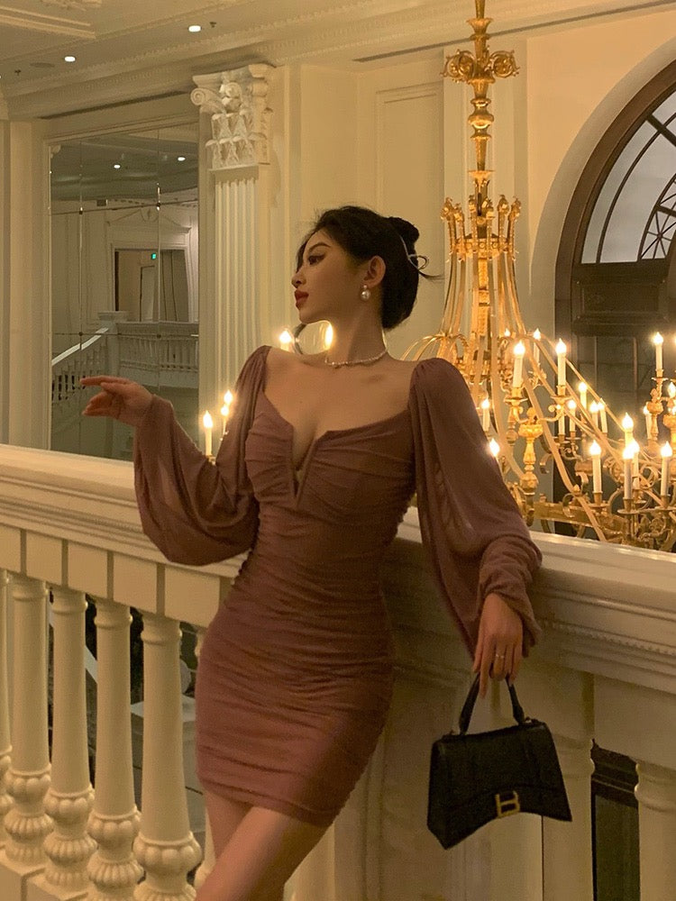 Pure desire sexy purple V-neck dress female 2023 spring new beautiful small body tight and thin package hip skirt