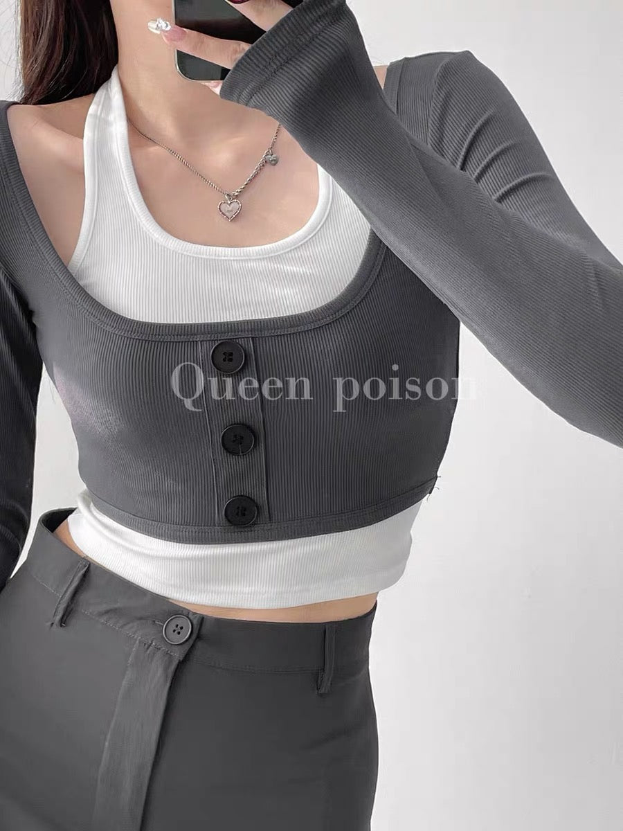 American retro hot girl sports style long-sleeved knitted sweater women's autumn high waist was thin and short cropped camisole suit