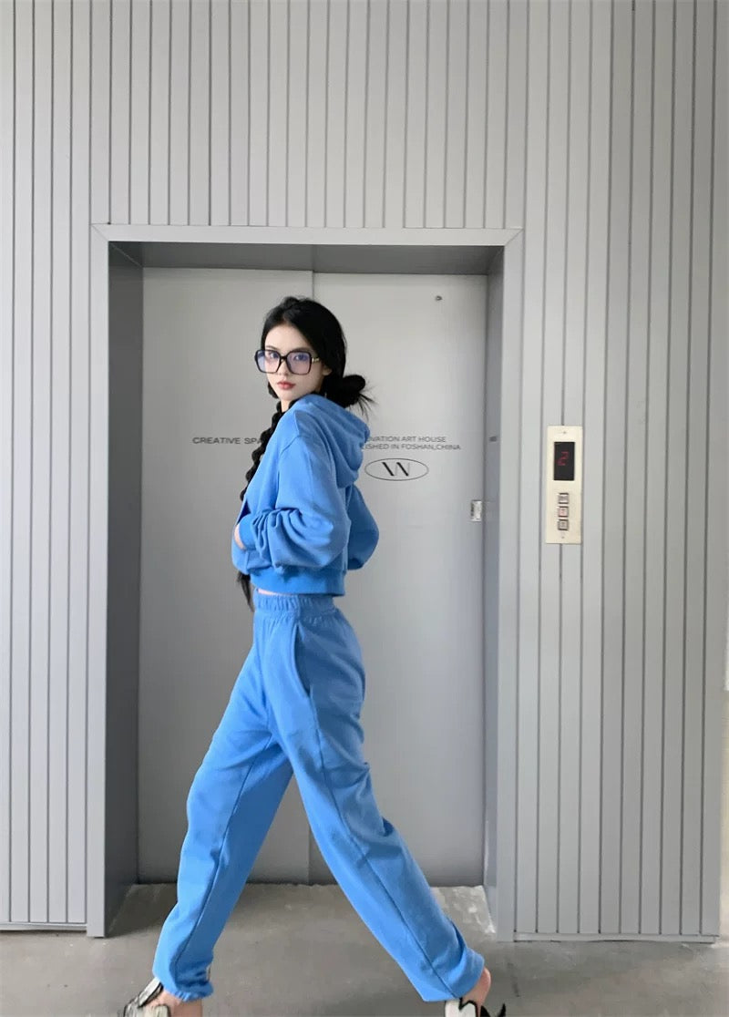 Black Strawberry~ Camping Party Hot Girl Right Angle Shoulder Thin Sweater Sports Suit Hoodie Top Pants Off