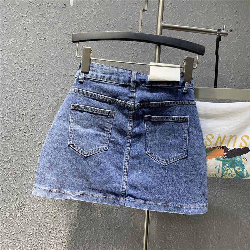 Original European goods 2023 spring new hot girl blue elastic denim bag hip skirt high waist small a-line skirt