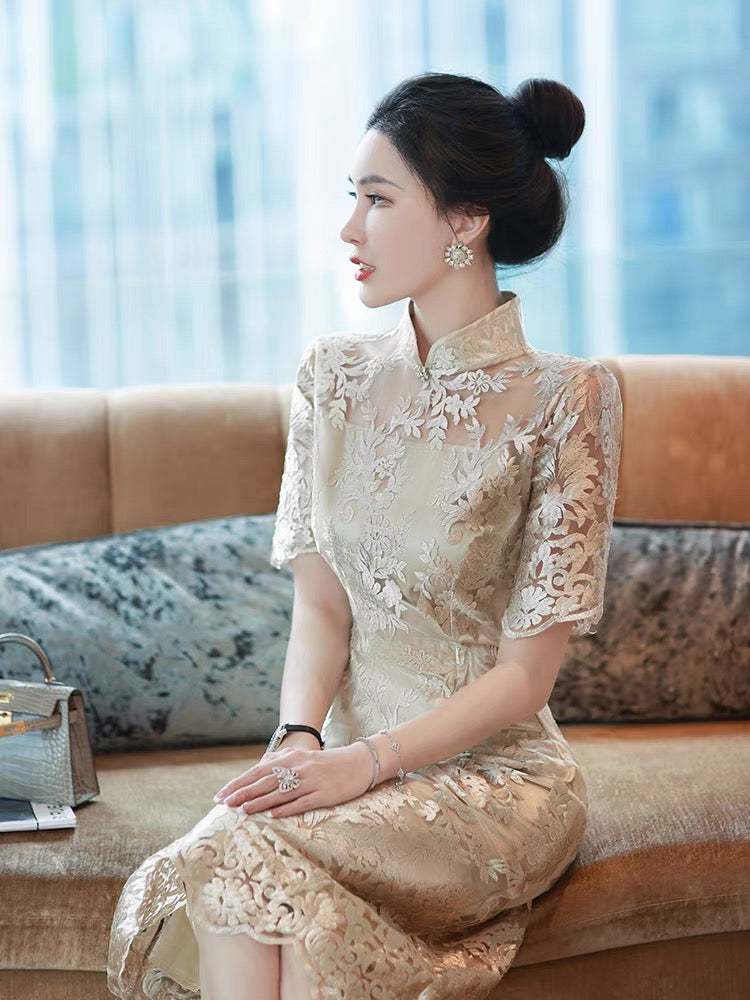 2022 new female summer ladies heavy industry embroidered cheongsam young temperament high-end everyday wearable elegant dress