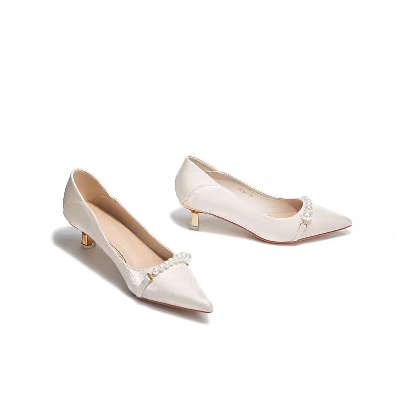 AUENODLS nude white French satin word pearl pointed high heels Xiuhe main wedding bridesmaid wedding shoes women