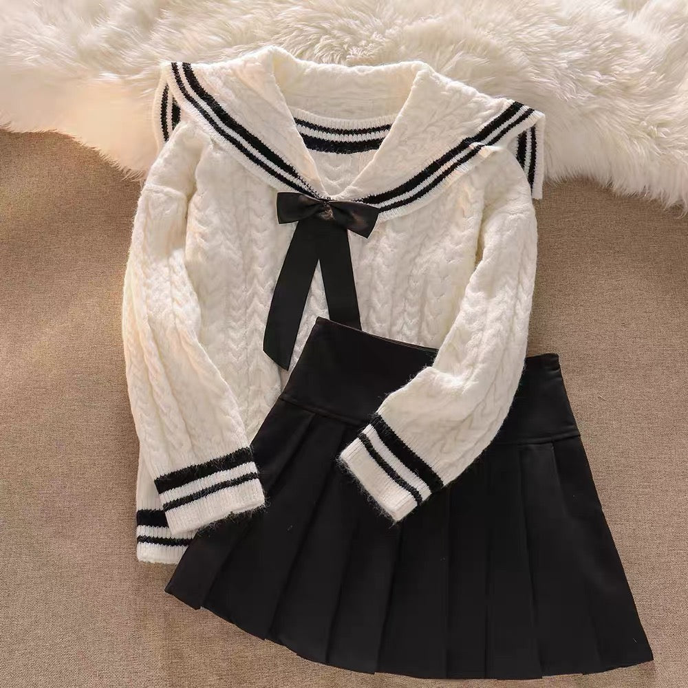 Reduced age girl B preparation! Navy Collar Bow Knot Sweater Women's Pleated Skirt Can Be Sweet or Salty High Sense Suit