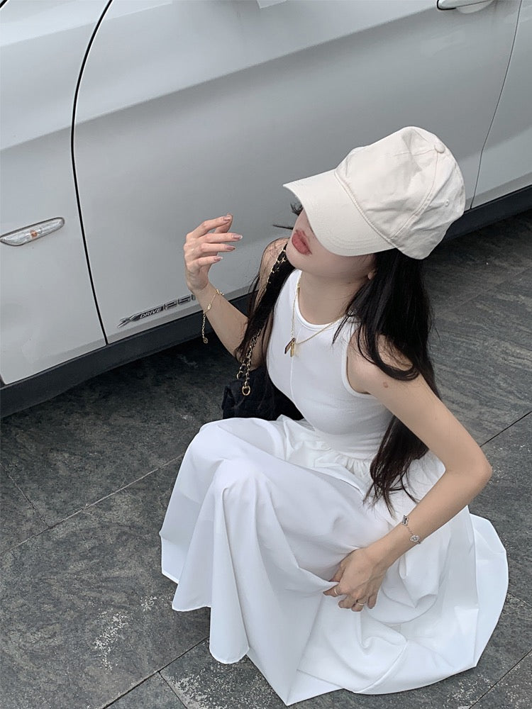 French-style white vest skirt sleeveless temperament dress female 2023 spring design sense long skirt waist slimming skirt
