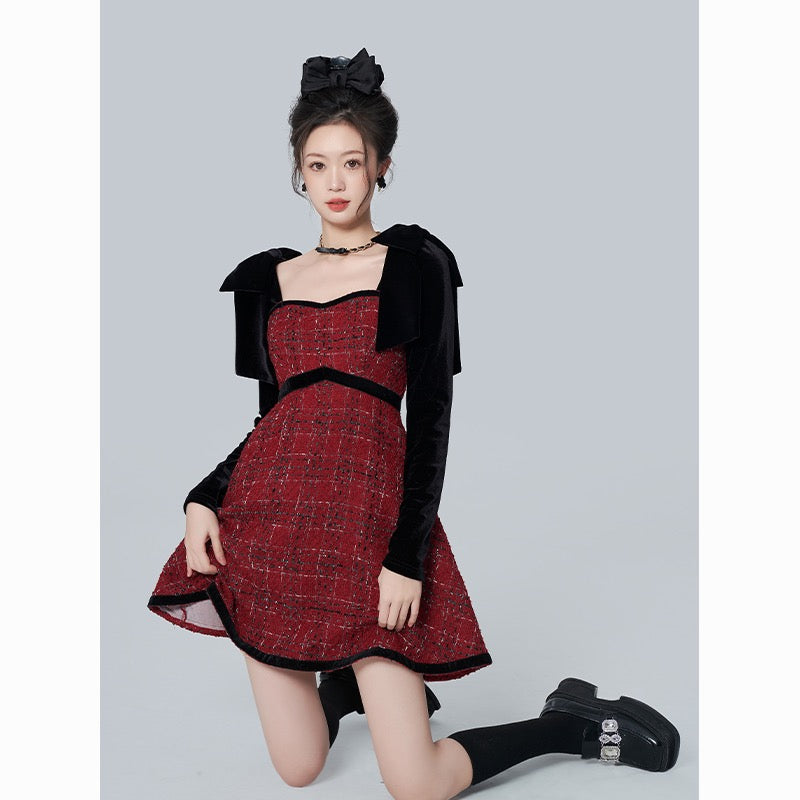 Peach heart square collar plaid dress autumn and winter women's small bowknot velvet small fragrance skirt temperament sweet skirt