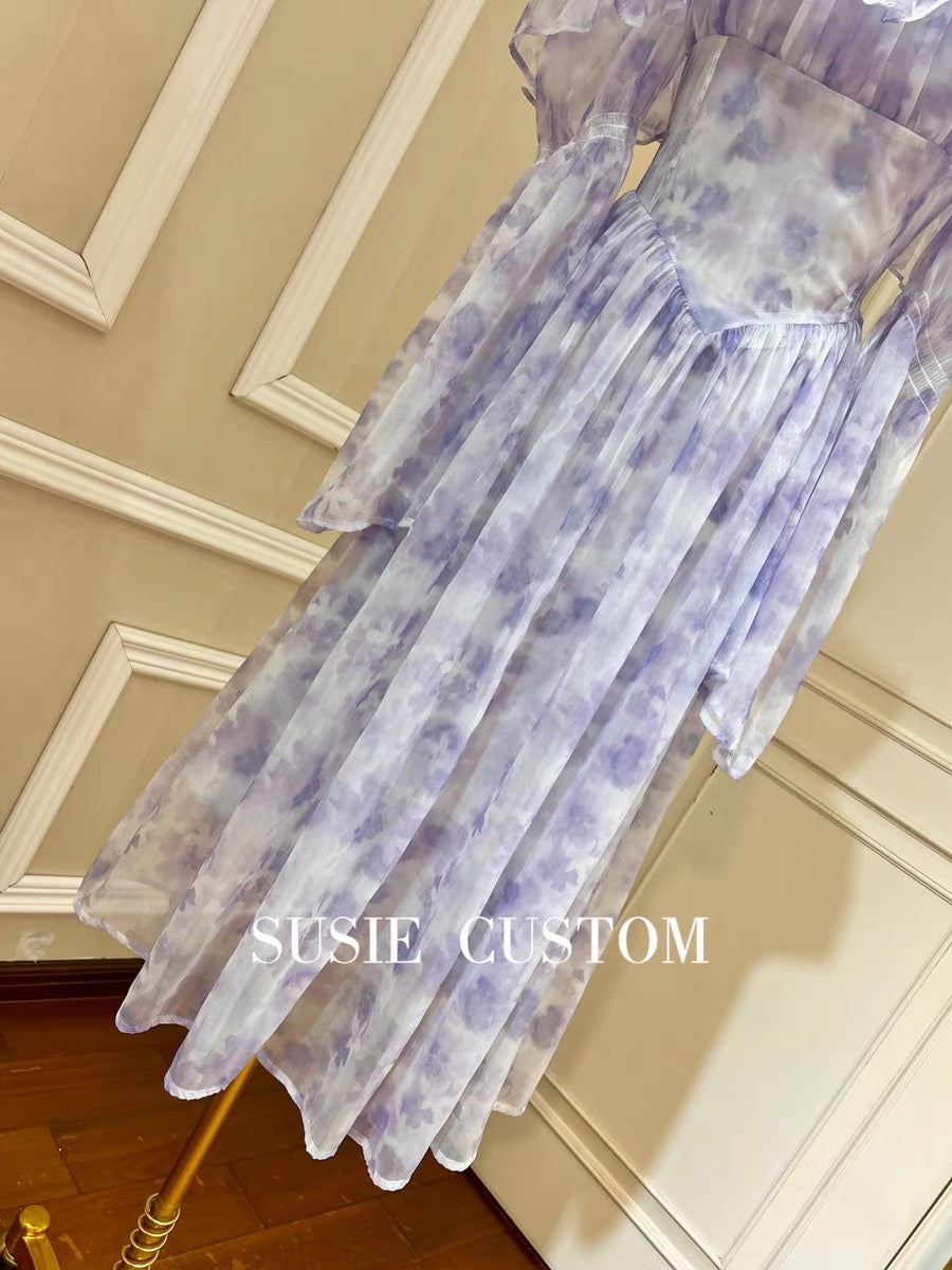 Fairy pure desire wind tie-dye print cross sling bow one-shoulder elastic strapless off-shoulder lotus leaf long skirt