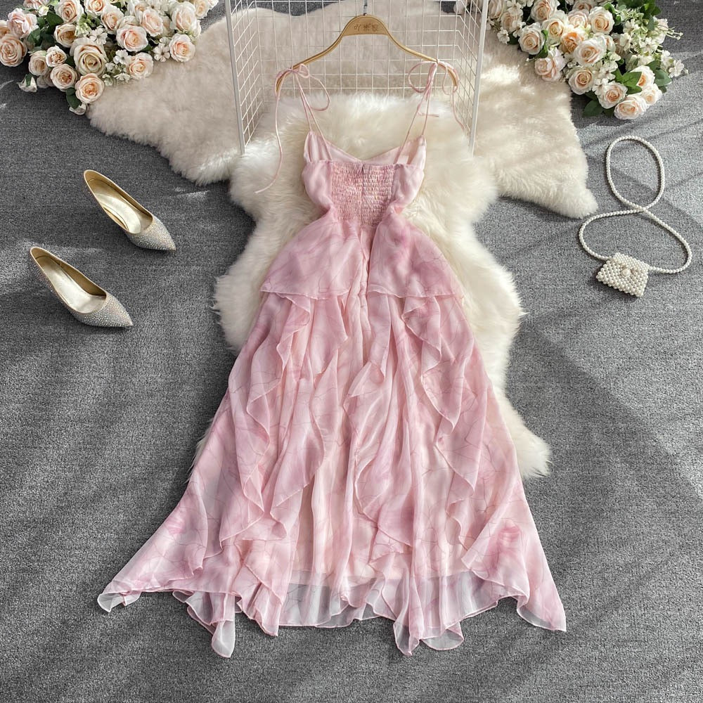 First love floral sling dress women's summer high-quality French high waist slimming a-line ruffles long skirt