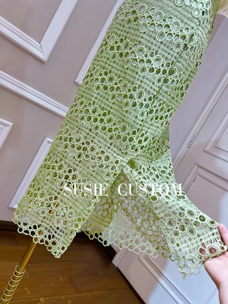Show temperament soft mesh one-shoulder off-the-shoulder elastic ruffle top high waist water soluble lace slit skirt