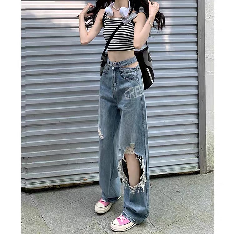 High waist ripped trousers straight jeans women's thin section thin summer retro blue wide-leg mopping trousers pants tide 1123