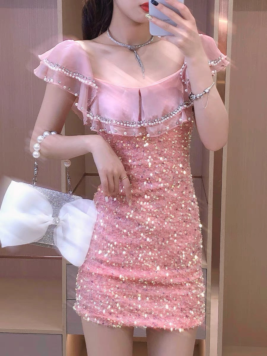 2022 summer new women's clothing sweet ladies temperament beaded rhinestones ruffled sequins fashion slim dress 1464
