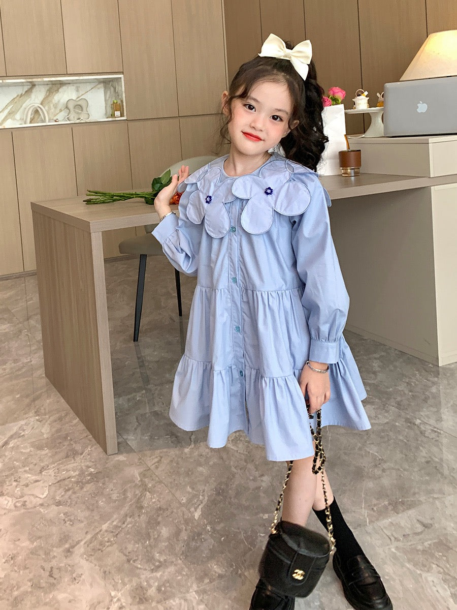 Original children's clothing girls cotton long-sleeved dress spring 2023 new big children's blue A-line shirt skirt