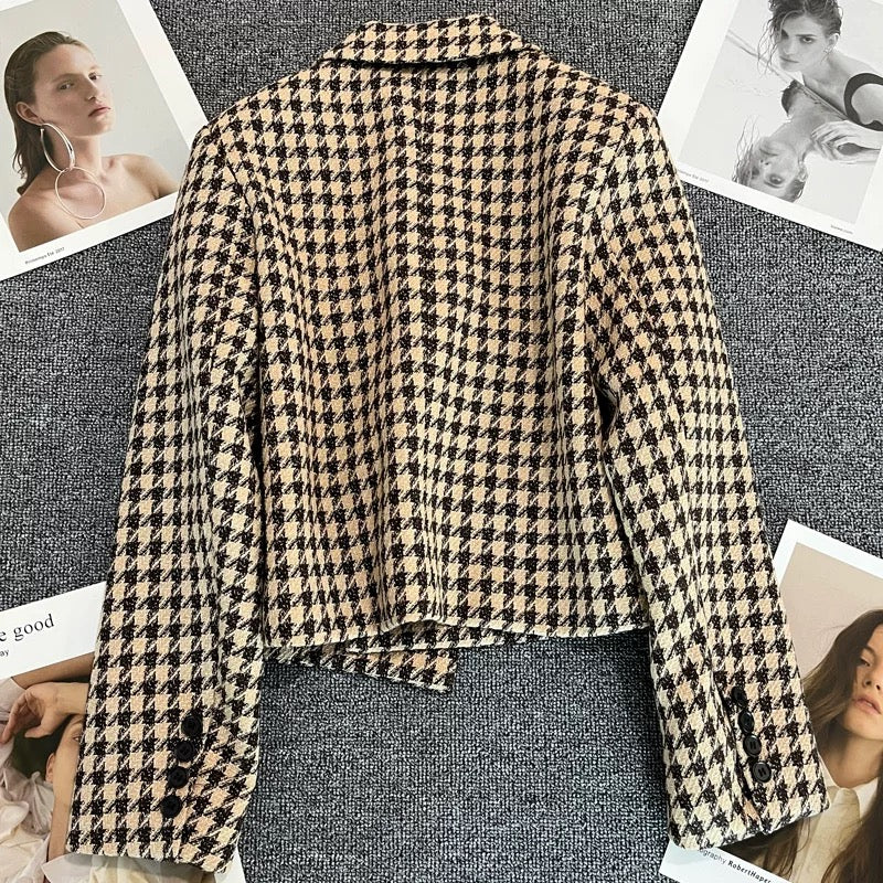 Houndstooth ultra-short suit jacket women's autumn 2022 new high-end small Korean casual suit 1765
