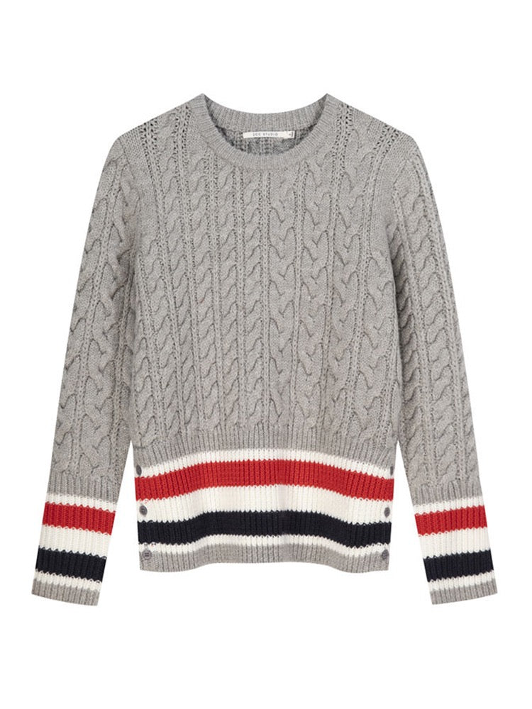 Zhao Chenchen College style color contrast striped sweater women's 2022 new sheep wool loose and age-reducing thick sweater