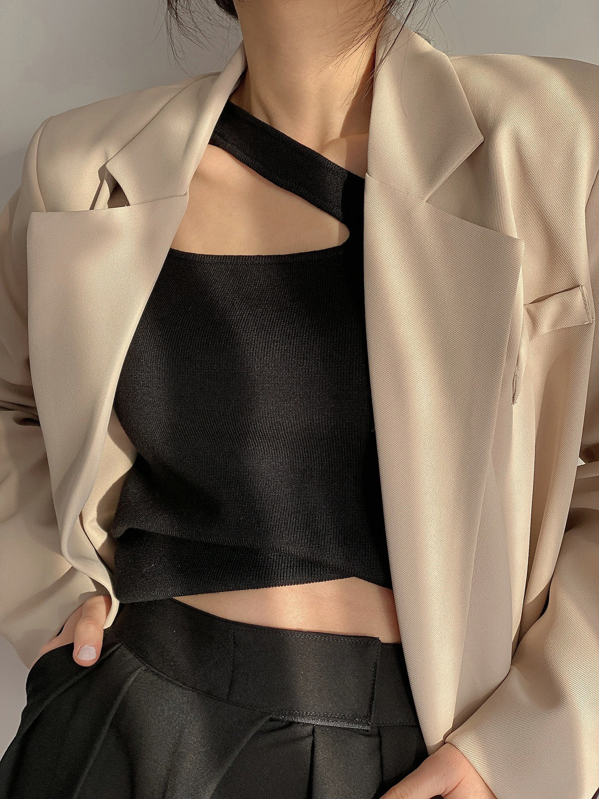 DOUBLE Z clavicle French square collar hollowed out knitted sweater women's autumn black hollowed out bottoming sweater
