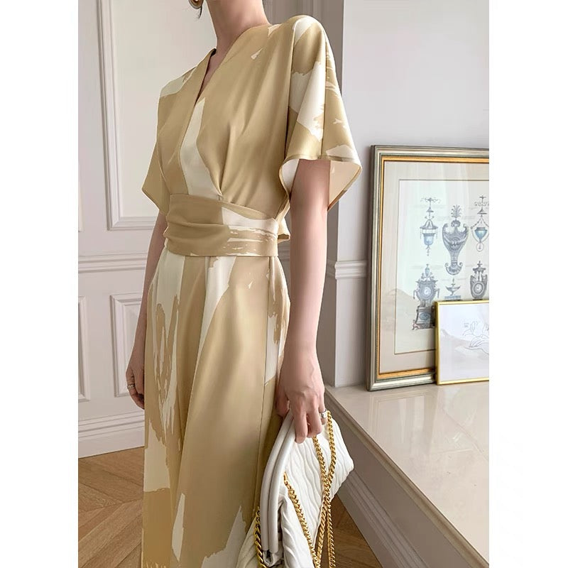 mona original summer V-neck printed elegant belt gorgeous kimono dress short-sleeved skirt women